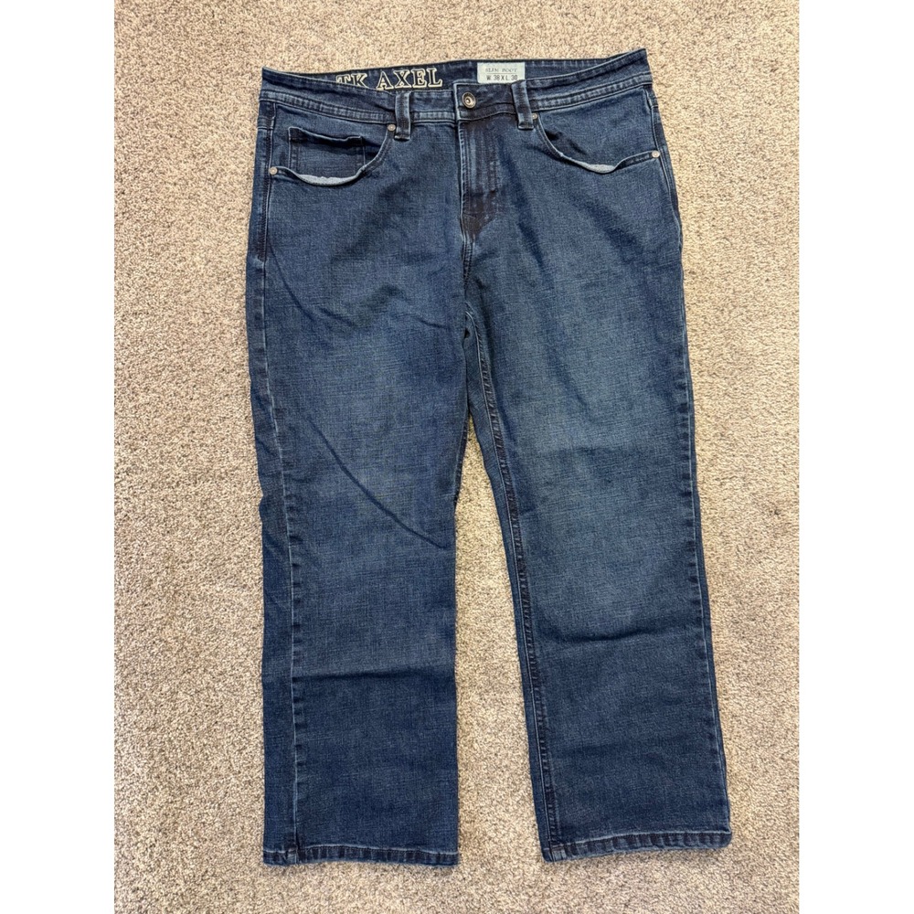 TK Axel Jeans Men 38x30 Blue Slim Boot Dark Wash Embroidered Flap Pocket Stretch
